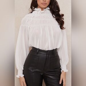 House of CB White Ruffle High Neck Sheer Blouse XS Romantic Cottagecore Top